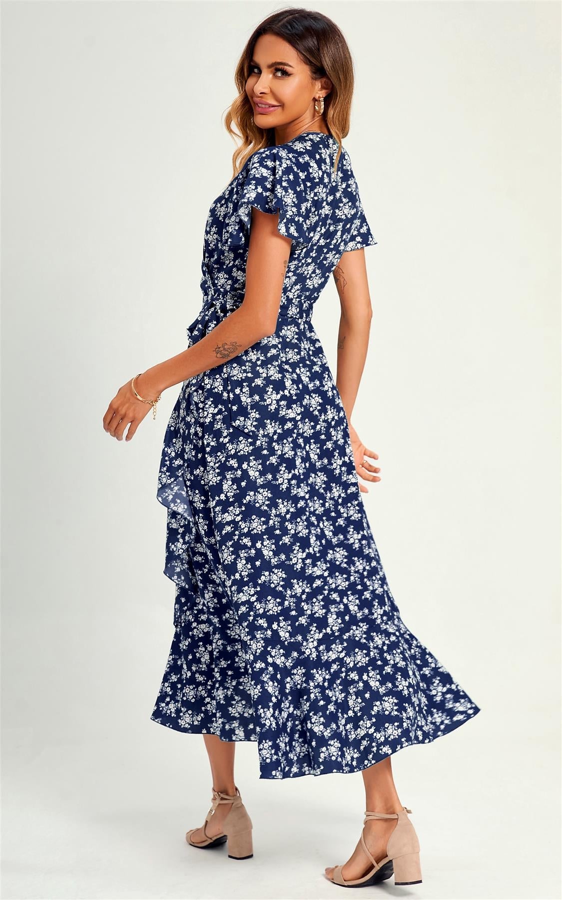 Summer Little Floral Print Hem Wrap Midi Dress In Navy