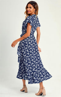 Summer Little Floral Print Hem Wrap Midi Dress In Navy