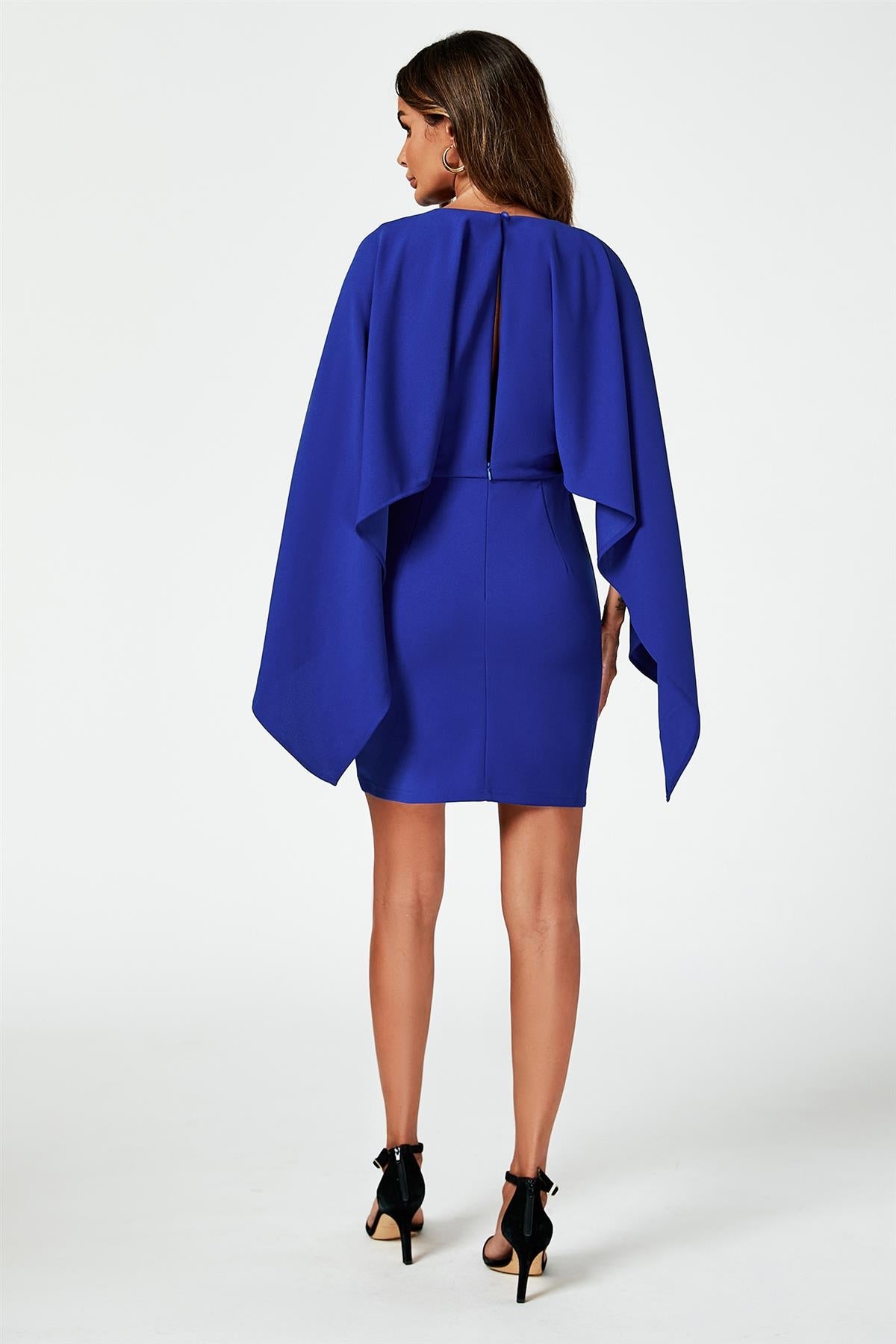 Back Detail Mini Dress With Cape In Blue