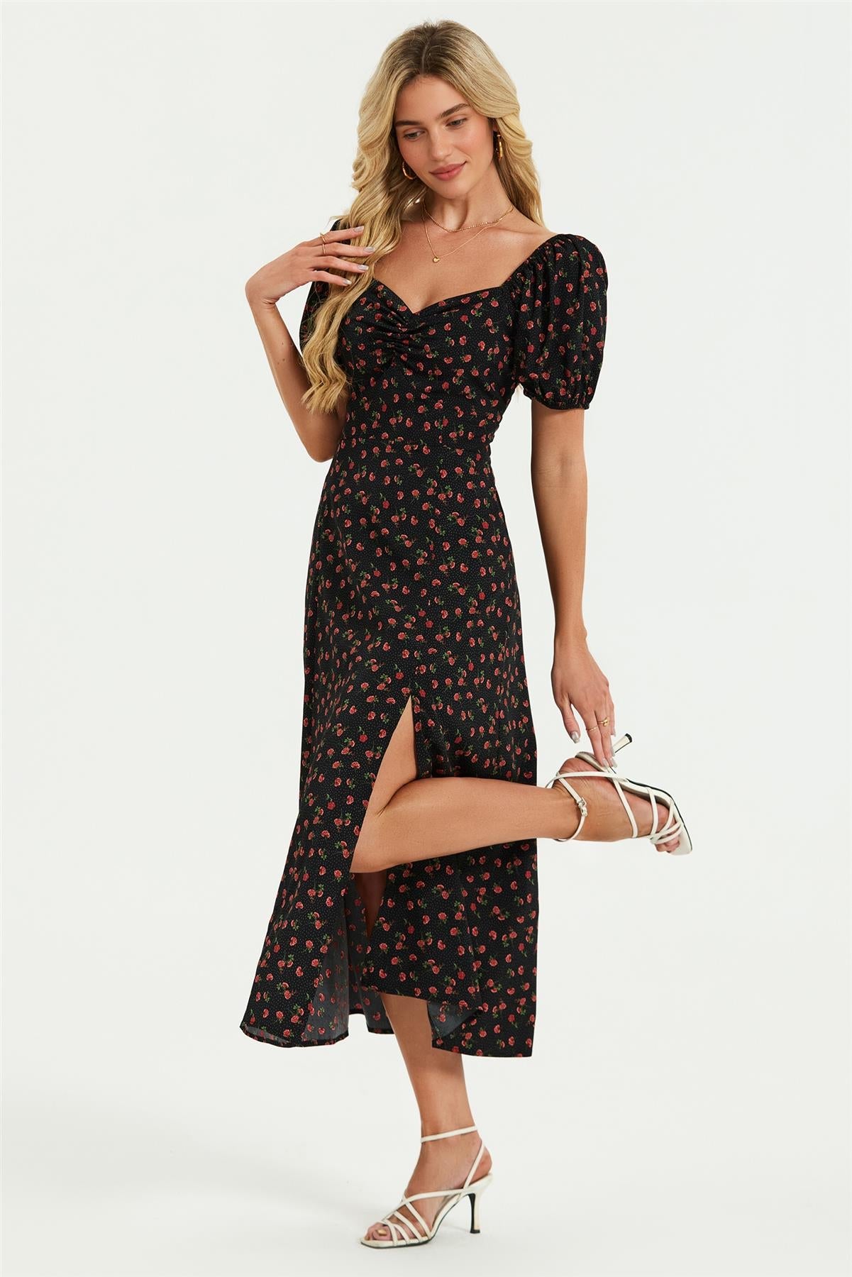 Puff Sleeve Heart Neckline Midi Dress In Black