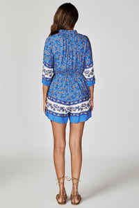 Floral Print Boho Playsuit With Buttons In Blue