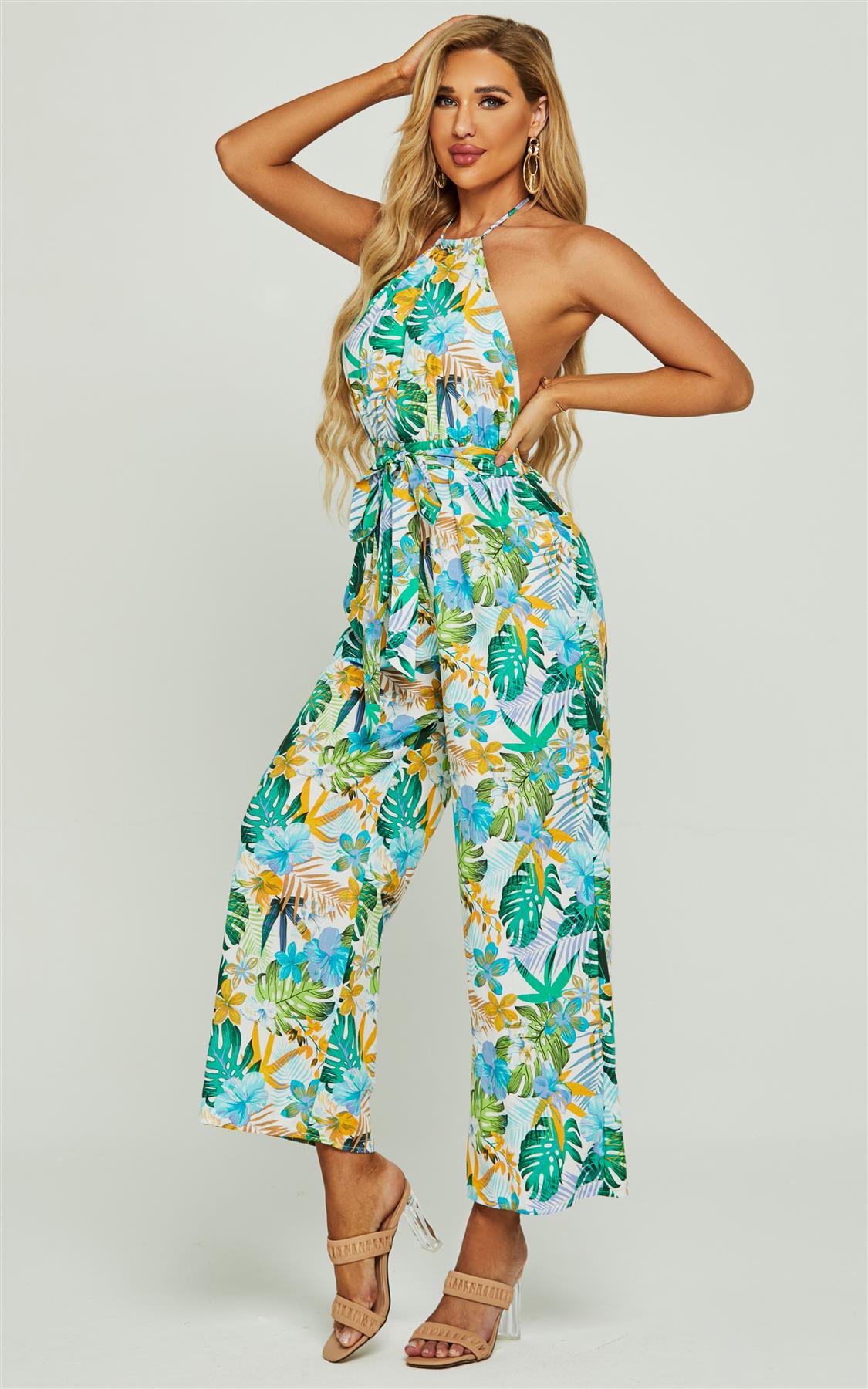 Boho Flora Print Halter Neck Jumpsuit In Green