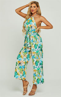 Boho Flora Print Halter Neck Jumpsuit In Green
