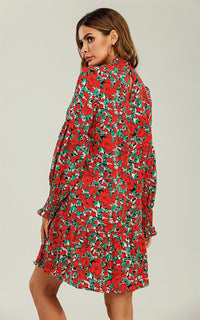 Frill Detail High Neck Shift Dress In Red & Green Floral