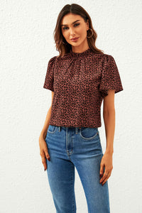 Leopard Print Angel Sleeve High Neck Top/Blouse In Rusty