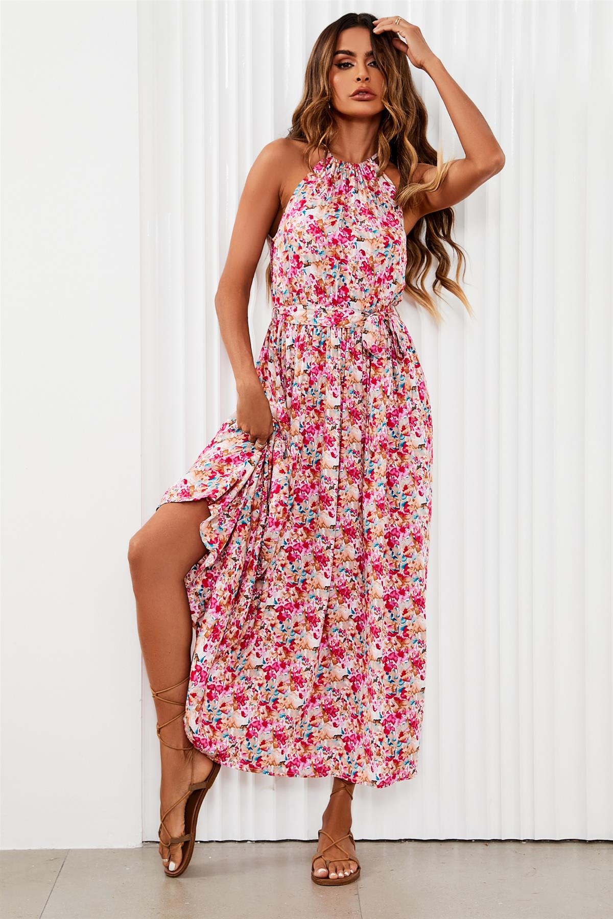 Floral Tie Halterneck Maxi Dress In Pink