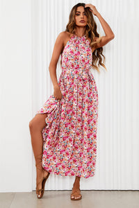 Floral Tie Halterneck Maxi Dress In Pink