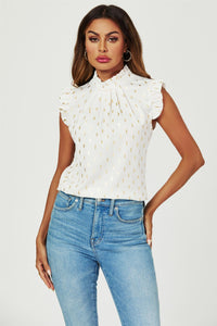 Gold Foil Frill Trim Sleeve High Neck Blouse Top In Cream