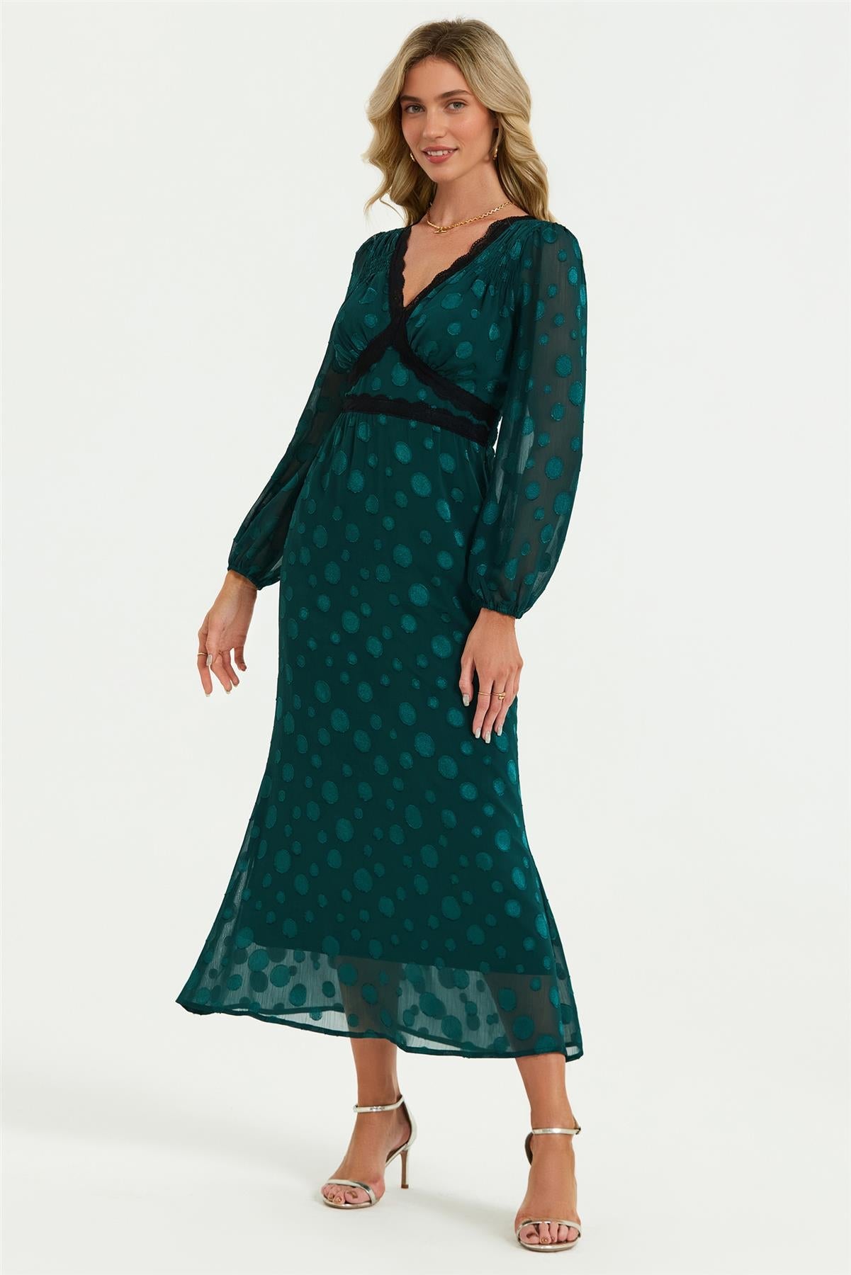 Long Sleeve Dot Jacquard Lace Trim Maxi Dress In Green
