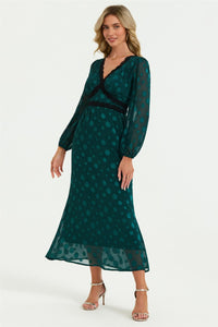 Long Sleeve Dot Jacquard Lace Trim Maxi Dress In Green