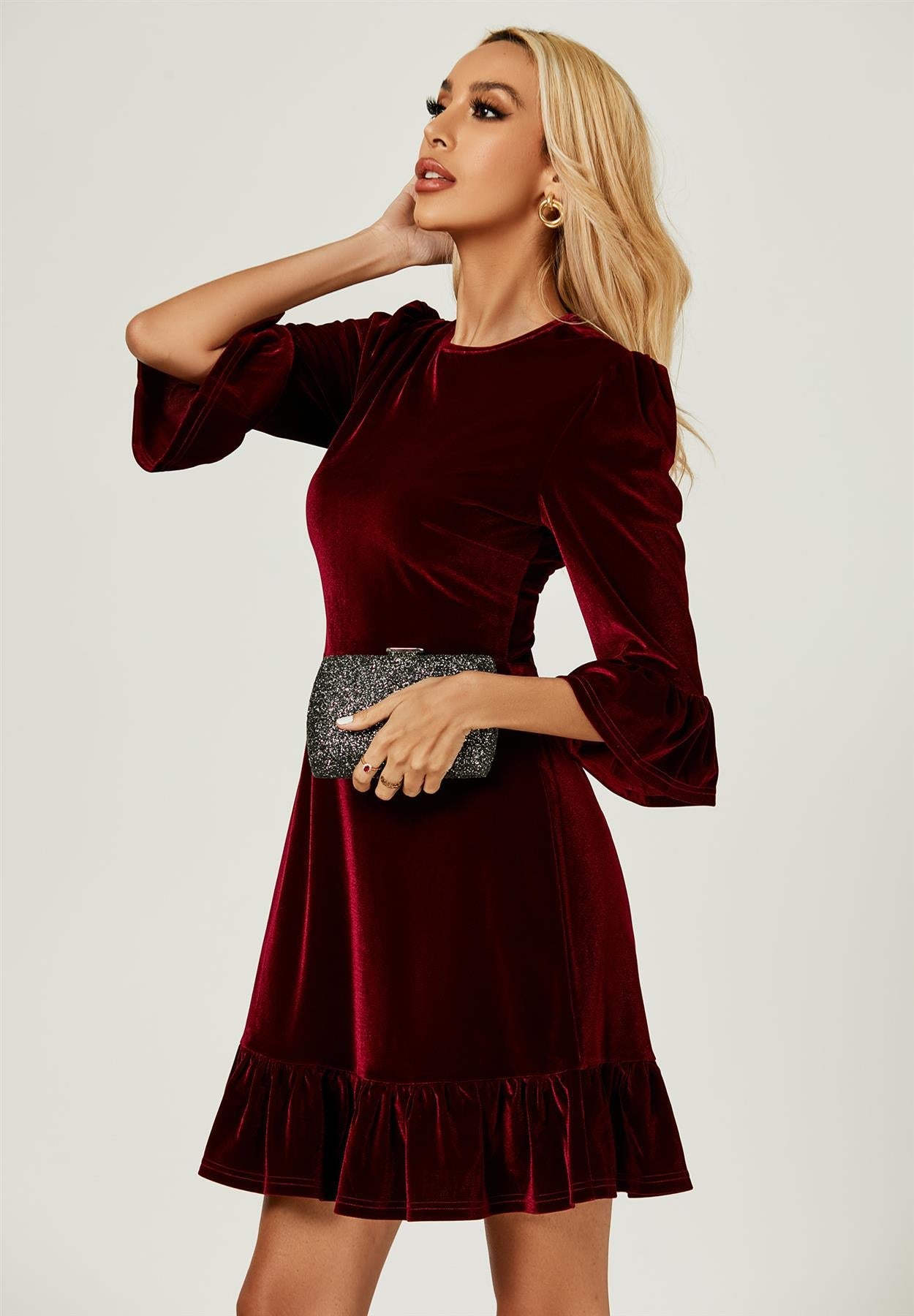 Velvet Frill Detail Mini Dress In Wine