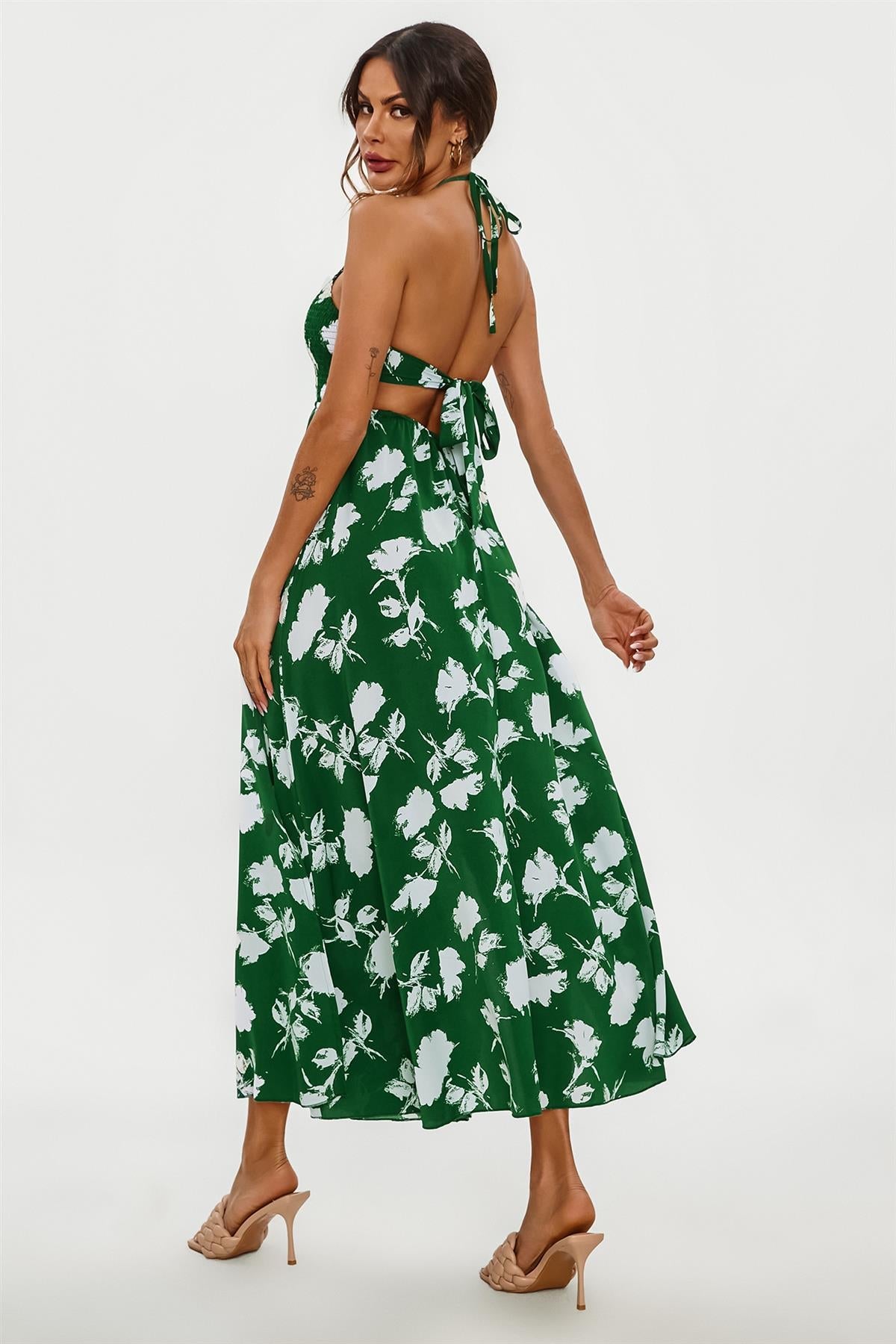 Floral Print Tie Halterneck Back Detail Maxi Dress In Green