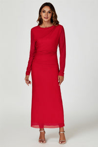 Long Sleeves Mesh Midi Dress In Red