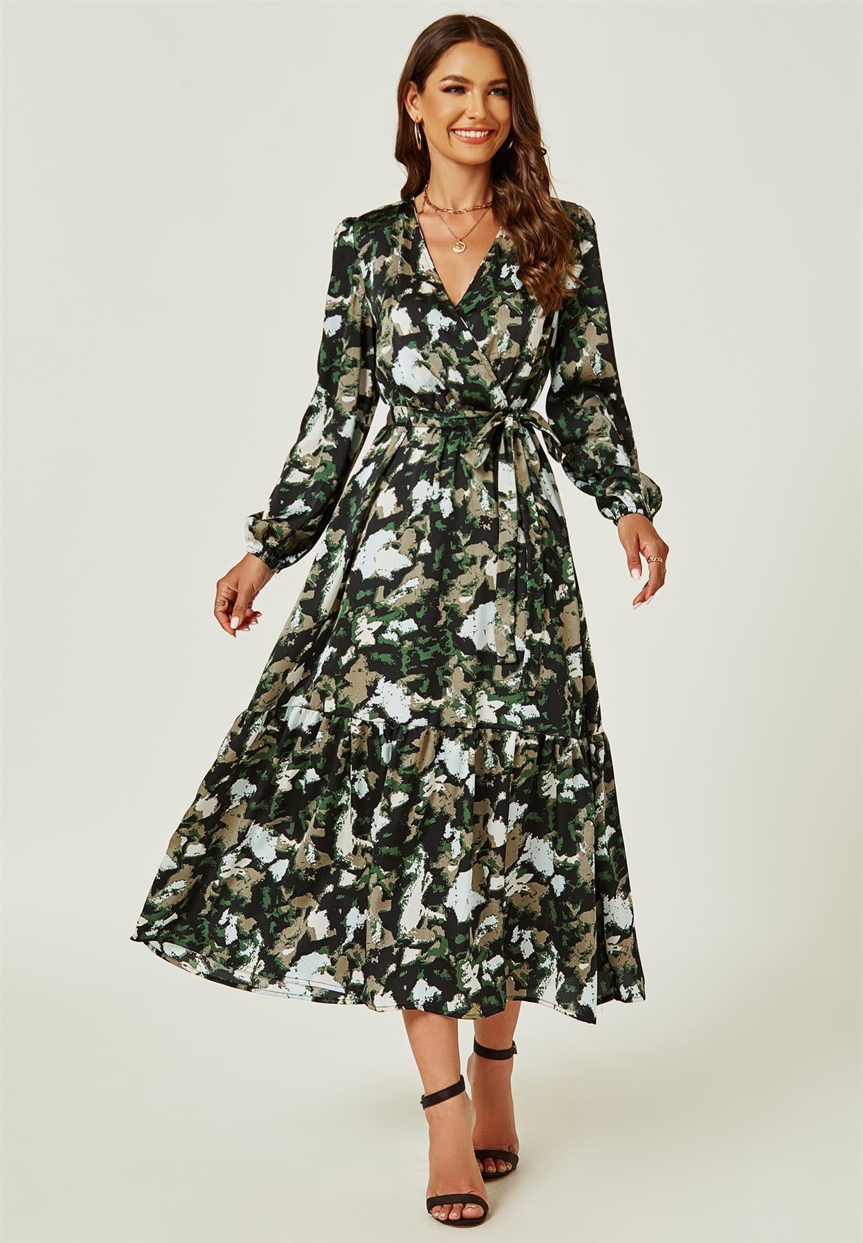 Long Sleeve Wrap Midi Dress In Black Print