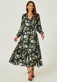 Long Sleeve Wrap Midi Dress In Black Print
