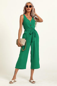 V Neck Cut Detail Jumpsuit In Green