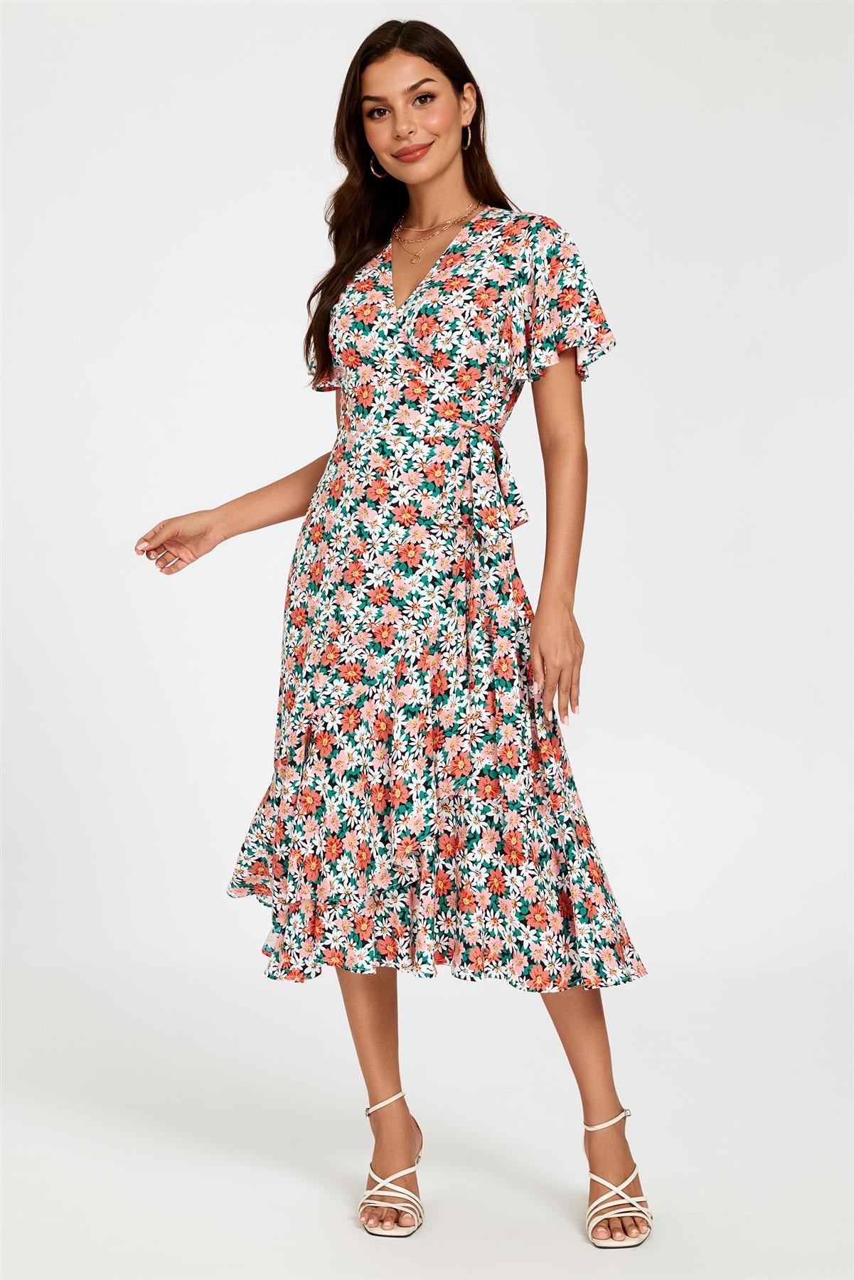 Daisy Print Midi Wrap Dress In Pink