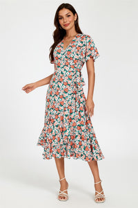 Daisy Print Midi Wrap Dress In Pink