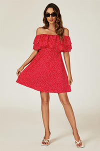 Polka Dot Bardot Frill Mini Dress In Red