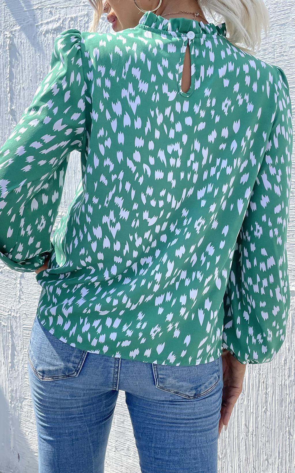 Animal Print Frill Detail High Neck Top In Green