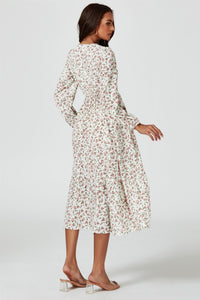 Floral Print Long Sleeve Midi Dress In White
