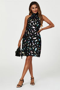 Rainbow Leaf Foil Halter Neck Tie Back Mini Dress In Black