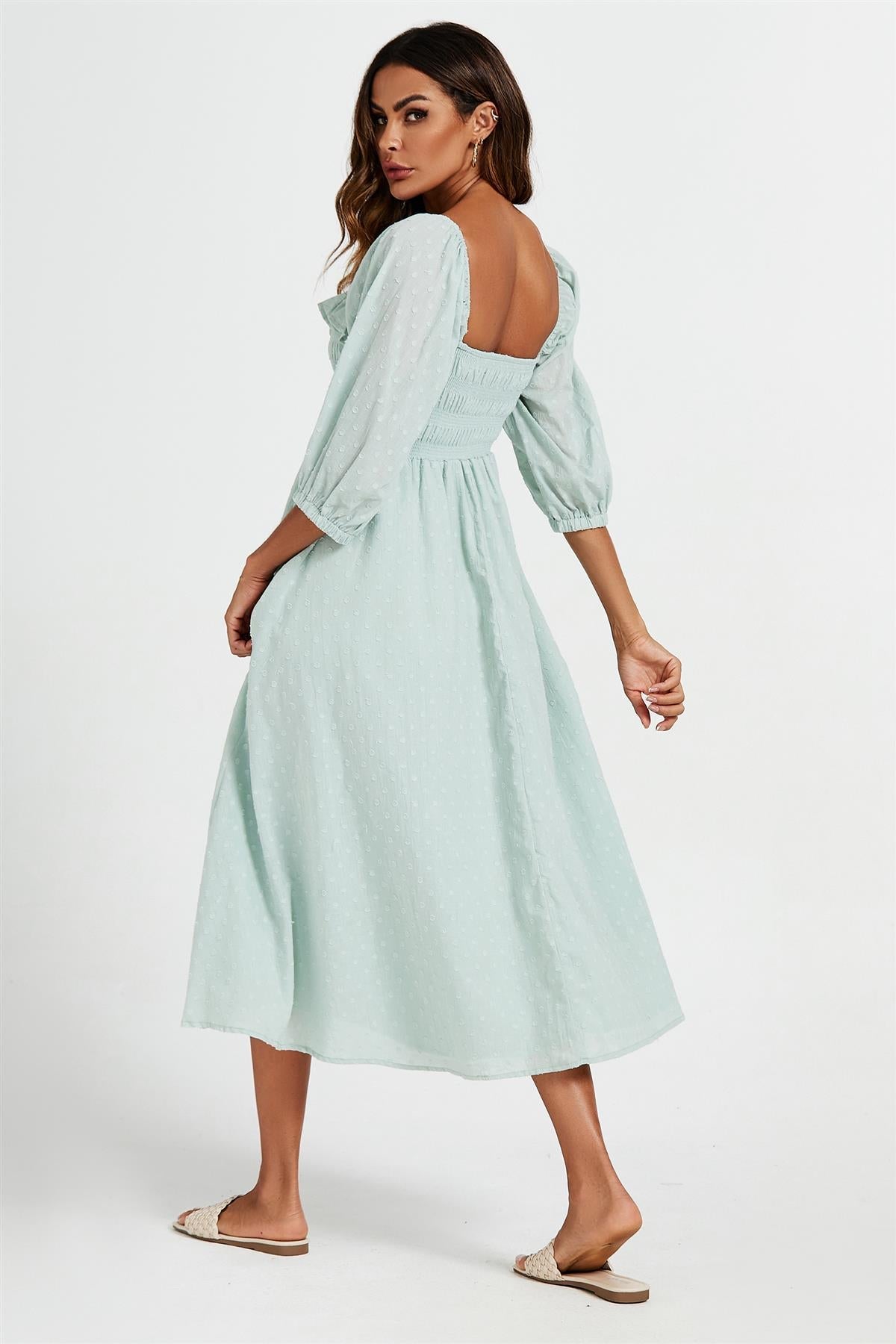 Frill Detail Square Neckline Midi Dress In Light Green