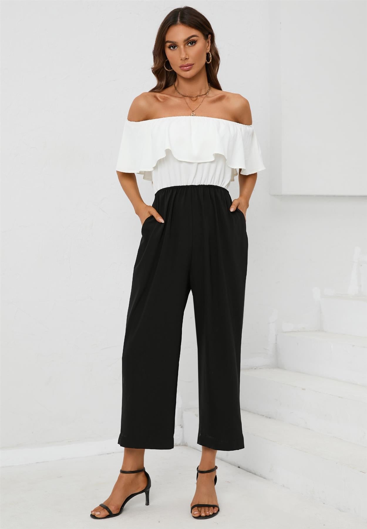Black Contrast off the Shoulder Ruffle Jumpsuit In White