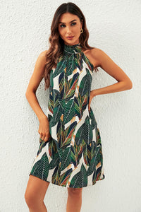 Leaf Print Halter Neck Tie Back Mini Dress In Green