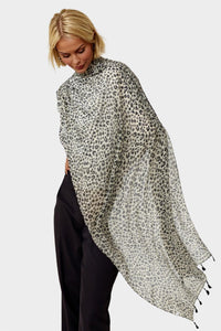 Black Leopard Print Tassel Scarf In White