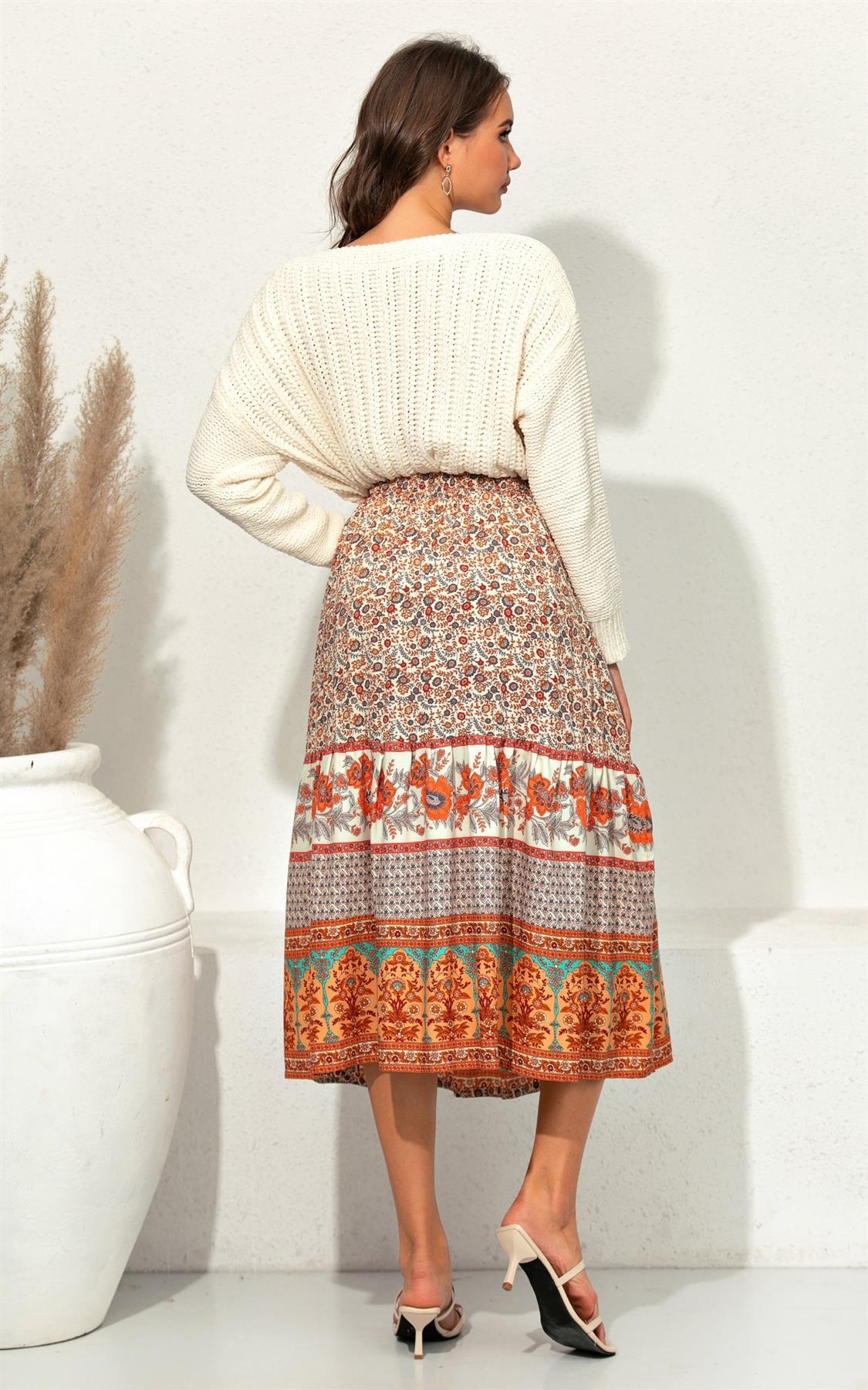 Orange Paisley Print Smocked Tiered Midi Skirt