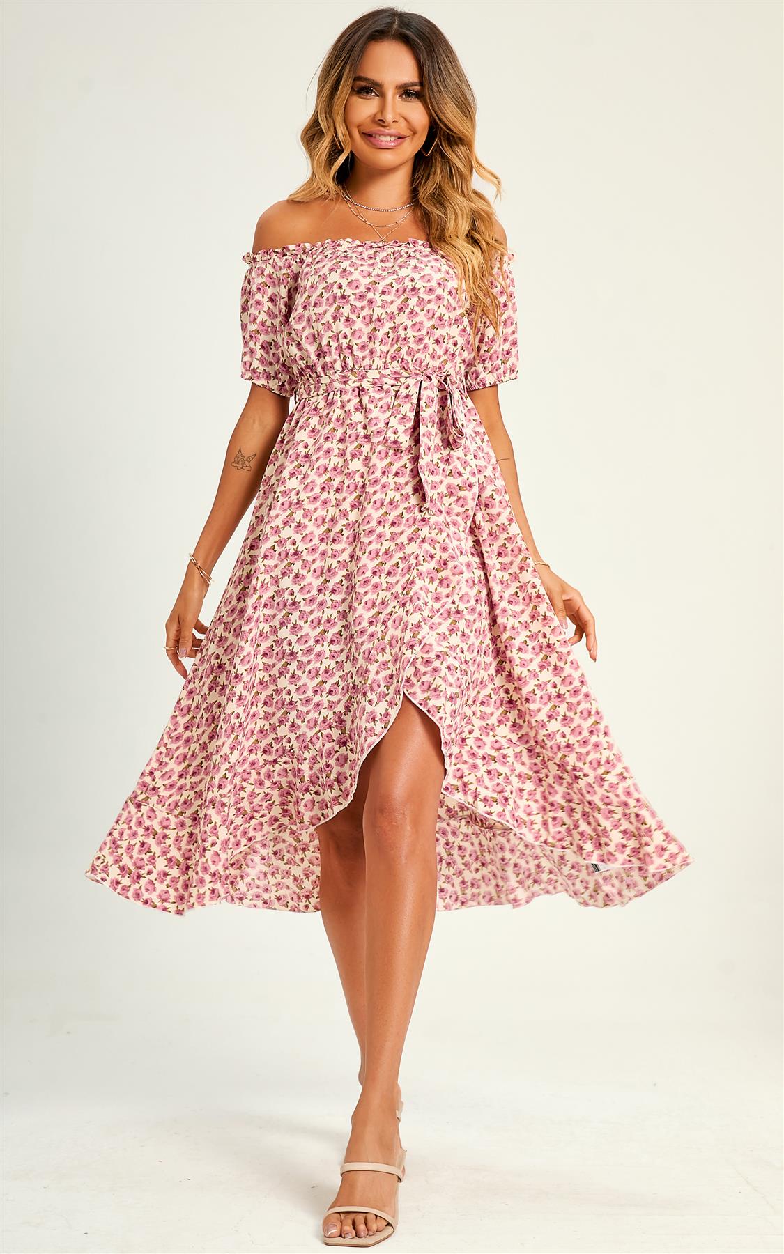 Rose Garden Bardot Frill High Low Slip Midi Dress In Pink