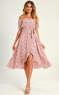 Rose Garden Bardot Frill High Low Slip Midi Dress In Pink