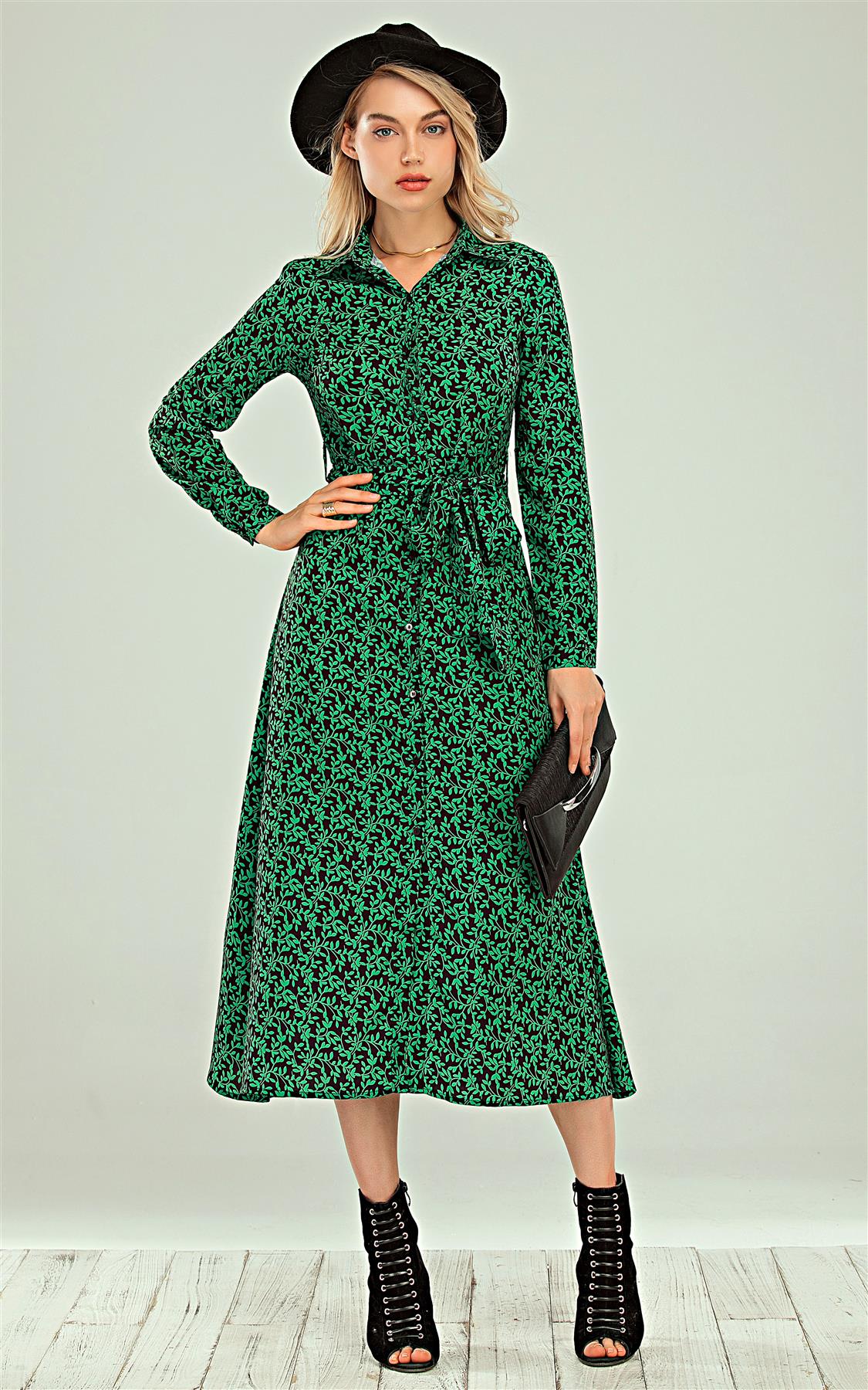 Shirt Midi Dress In Green leaf Print