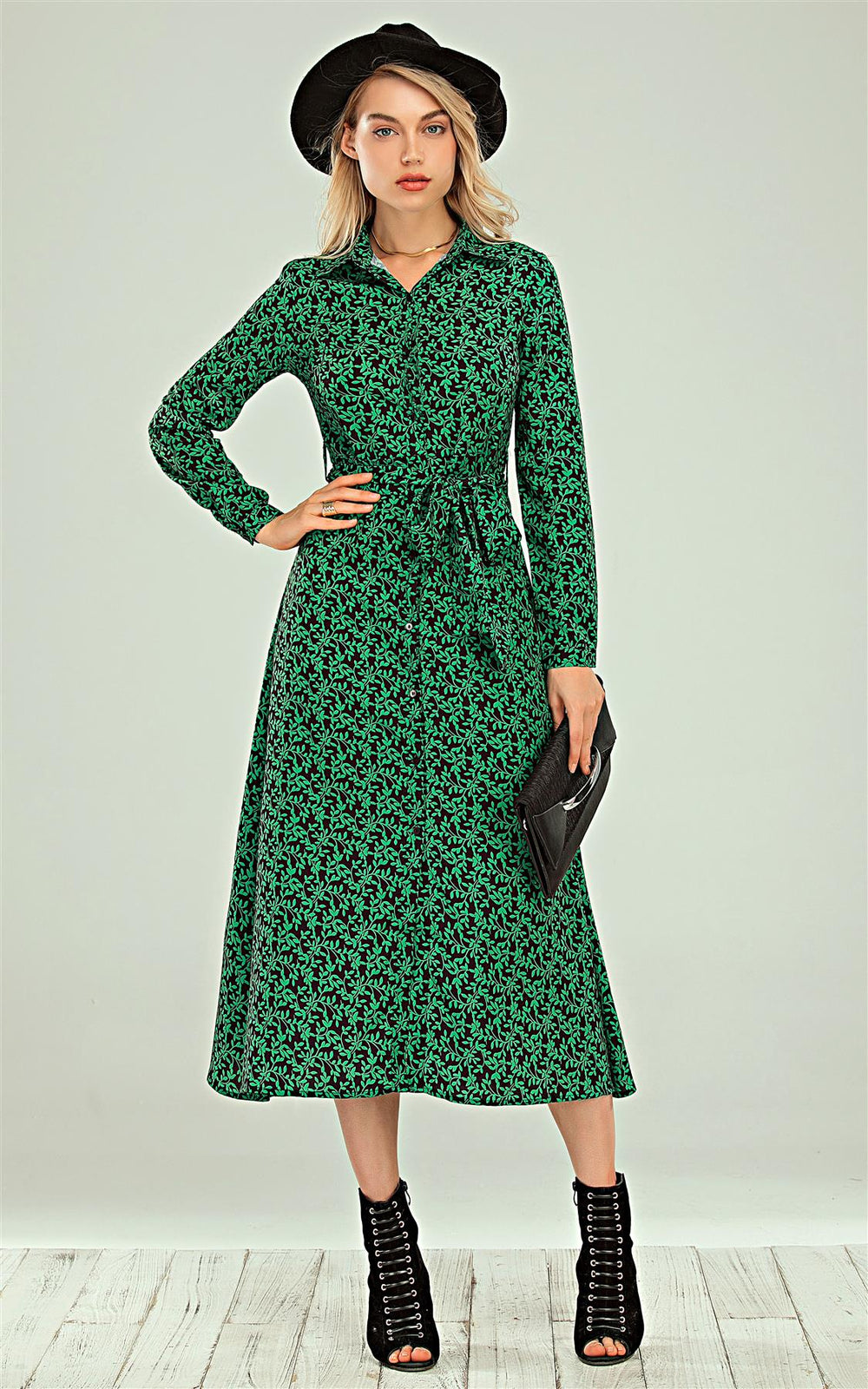 Shirt Midi Dress In Green leaf Print