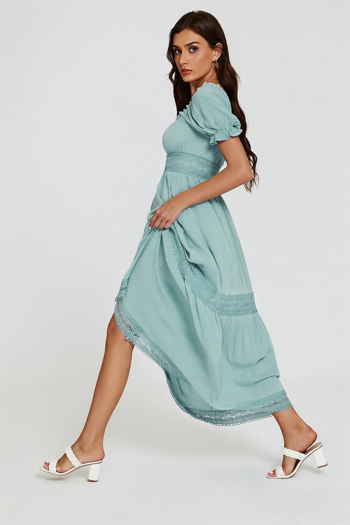 Lace Detail Bardot Maxi Dress In Blue