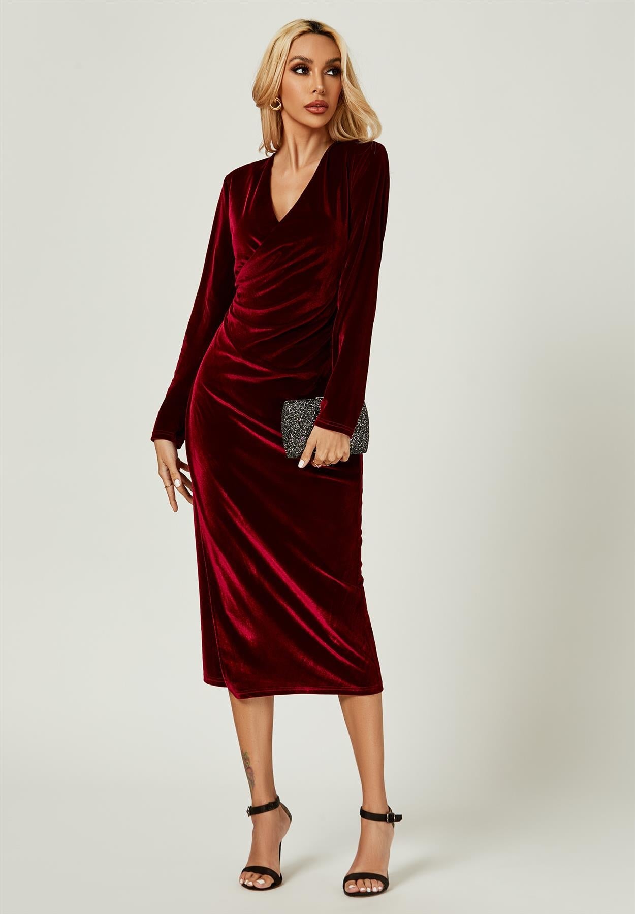 Velvet Wrap Style Long Sleeve Midi Dress In Wine