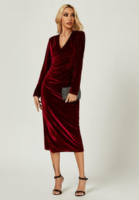 Velvet Wrap Style Long Sleeve Midi Dress In Wine