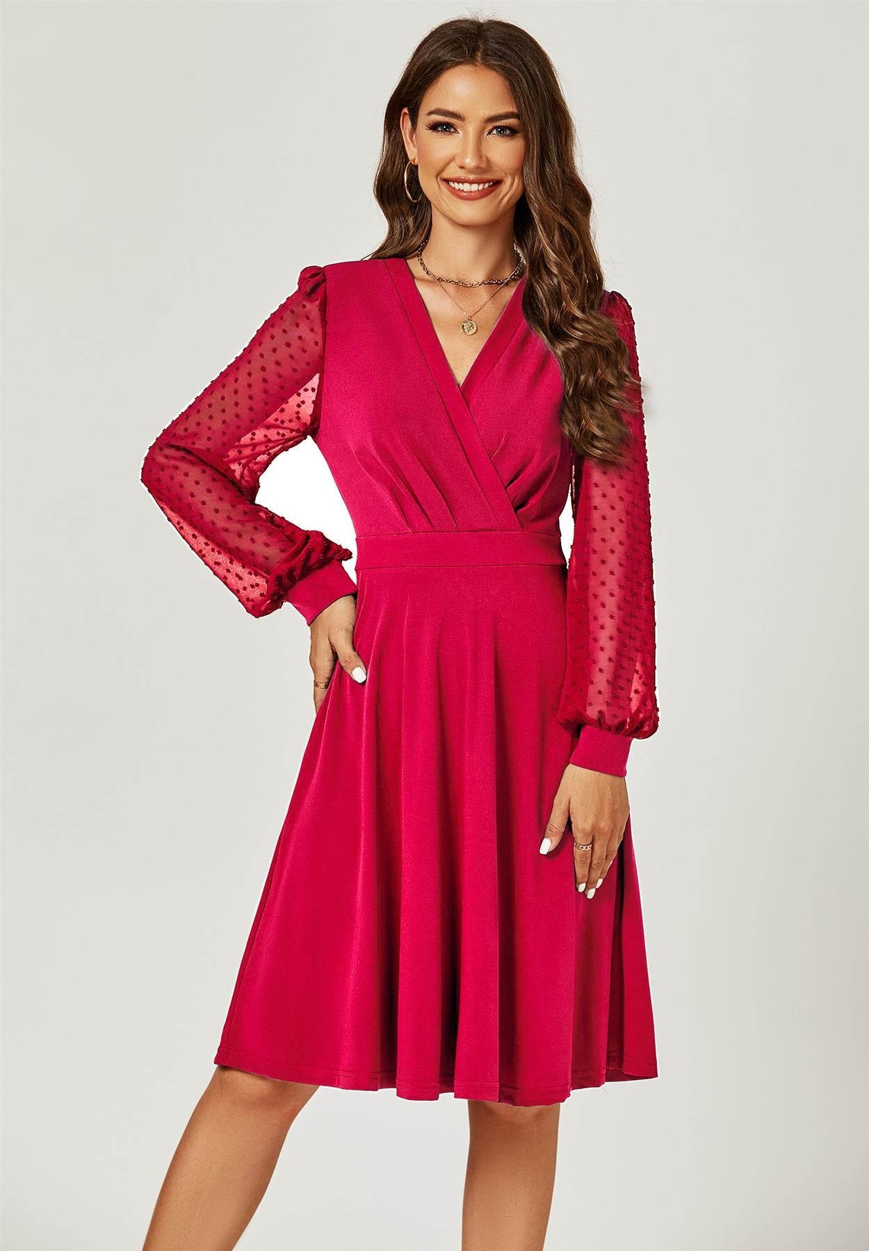 Long Chiffon Sleeve Pleated Midi Dress In Wine
