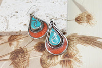 Tibetan silver earrings in boho style with turquoise stone and coral.