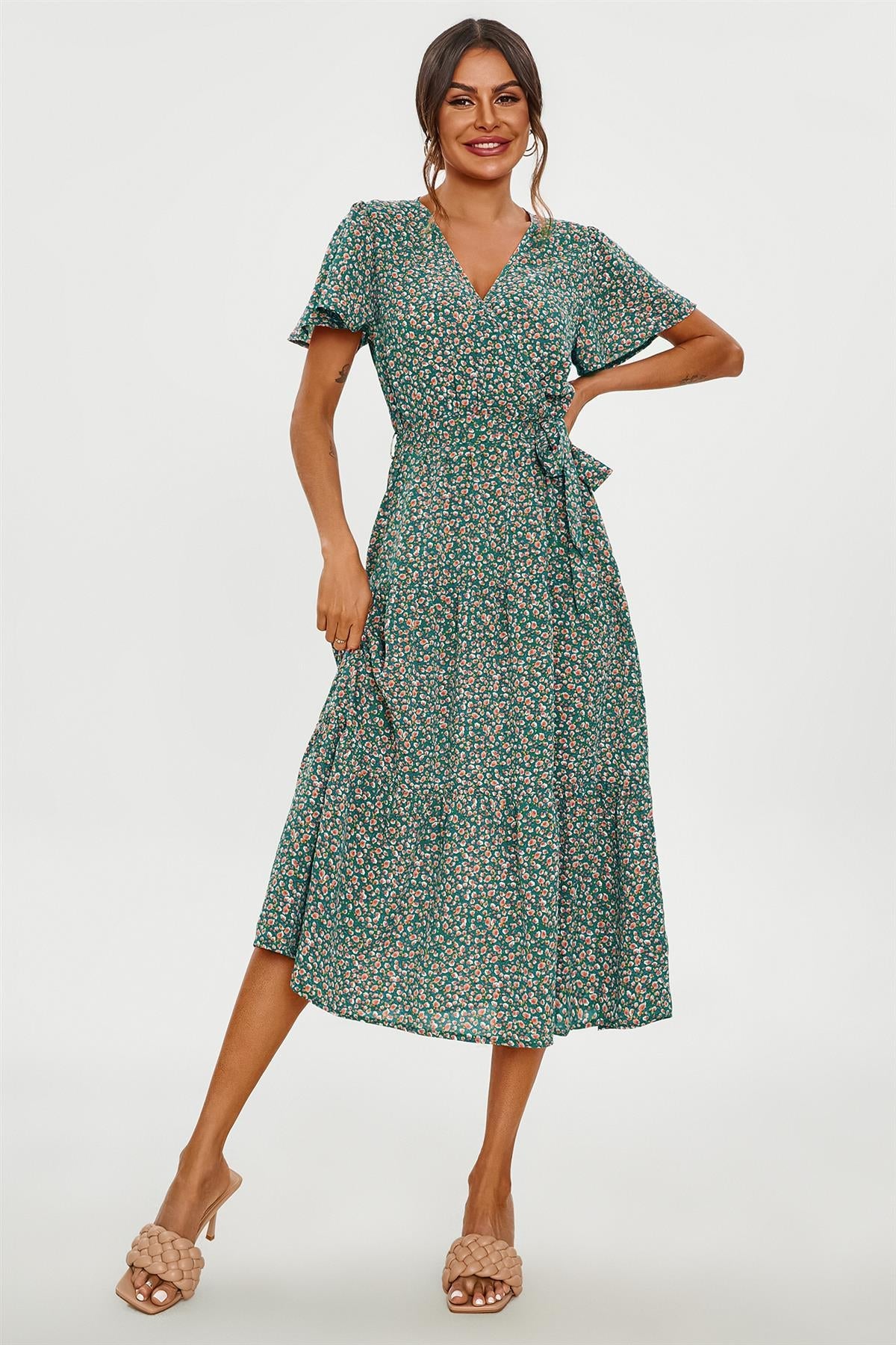 Orange Floral Print Hem Tiered Wrap Midi Dress In Green