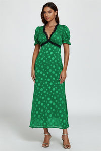 Polka Dot Jacquard Lace Trim Midi Dress In Green