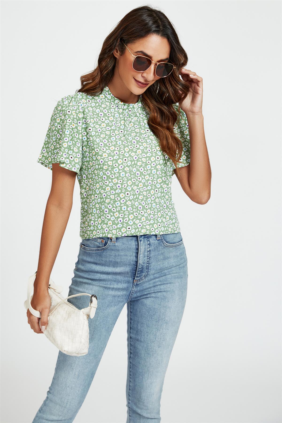 Little Floral Print Angle Sleeve High Neck Top/Blouse In Green