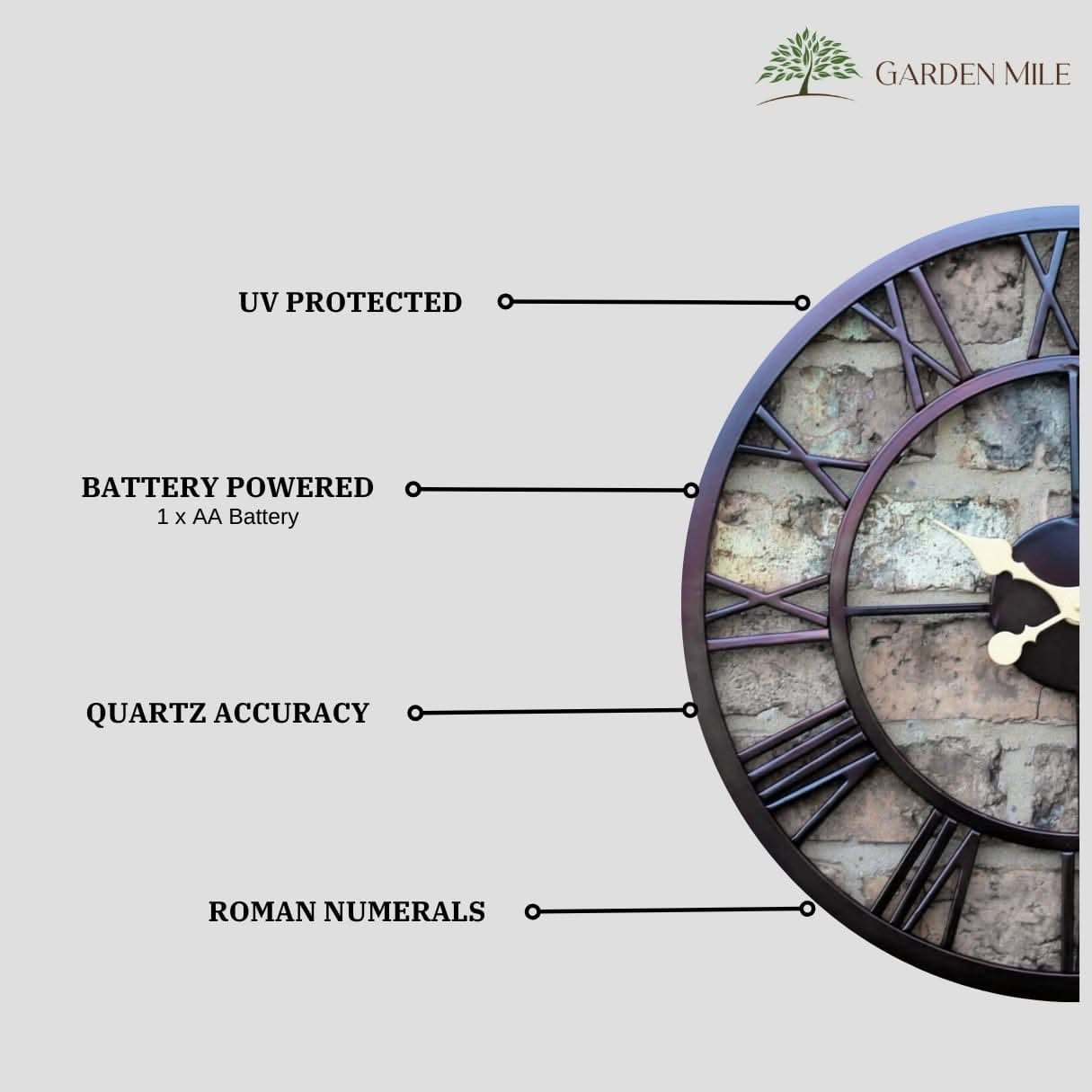 Black Garden Clock Roman Numerals - 50cm