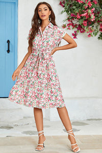 Floral Print Short Sleeve Shirt Midi Dress In Pink