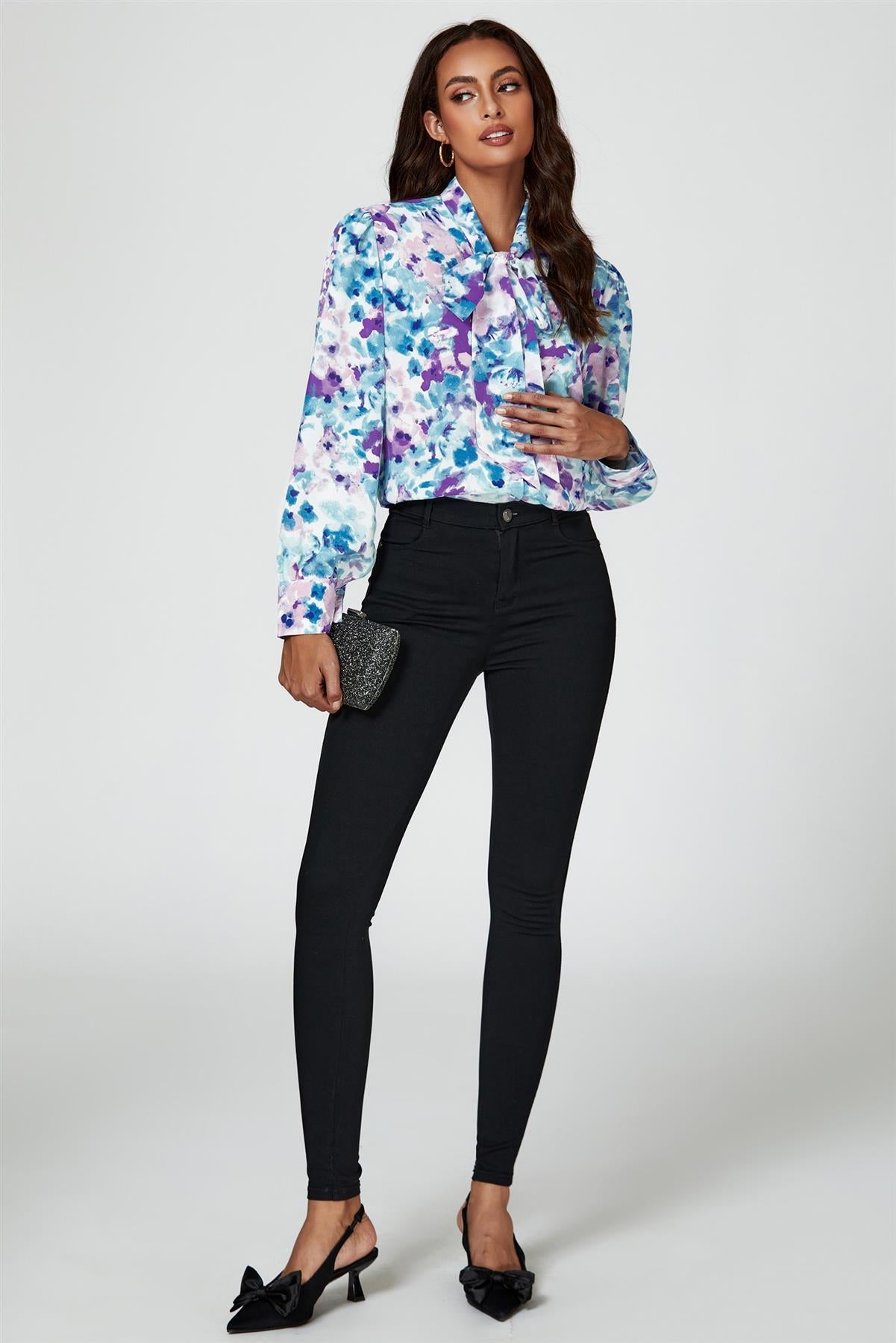 Abstract Floral Print Tie Detail long sleeve Blouse Top In Blue