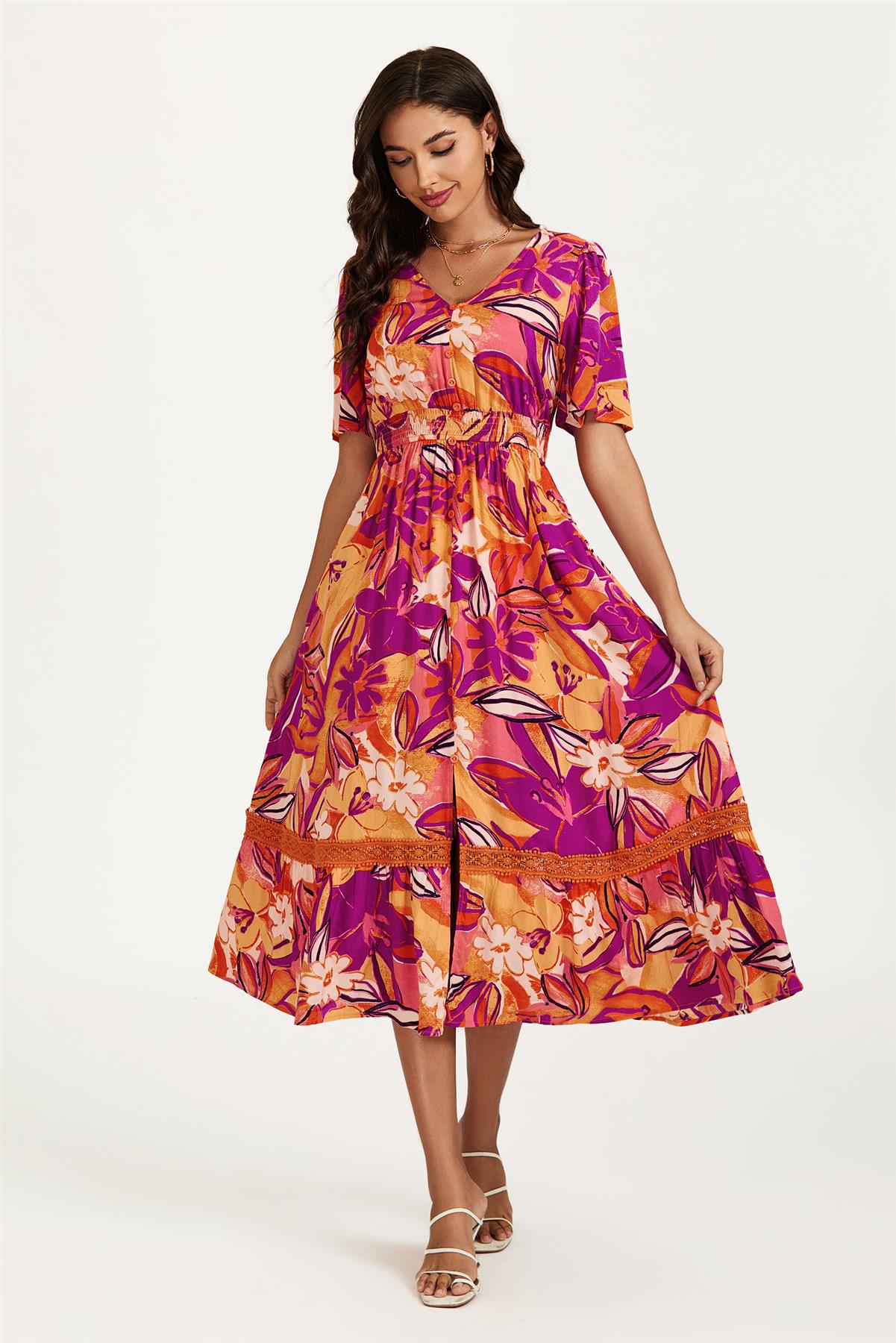 Floral Print Button Down Maxi Dress In Pink Orange