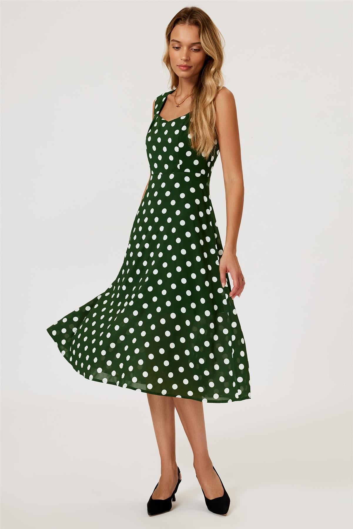 Polka Dot Print Heart Neck Midi Green