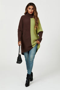 High Neck Half Brown & Green Block Colour Jumper Top