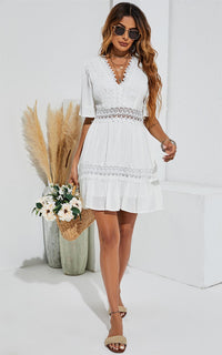 V Neck Lace Mini Dress In Ivory White